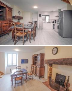 Il comprend une cuisine et une salle à manger avec une table et une cheminée. dans l'établissement La maison au cœur médiéval, à Domfront