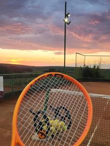 una racchetta da tennis arancione con delle palline dentro su un campo da tennis di Studio & suites Patricia Tennis ad Abelardo Luz