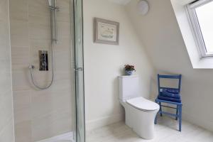 a bathroom with a shower with a toilet and a blue chair at The Bothy at Redheugh in Newcastleton +16 photos
