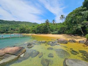 uma praia com pedras na água e palmeiras em Casa Matatiso - casa de 1 quarto na Ilha Grande em Abraão