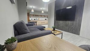 a living room with two couches and a flat screen tv at Heven in Ostrowiec