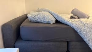 a couch with a blanket on top of it at Les Studios de Clément in Poitiers