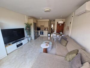 a living room with a couch and a tv at Sunset Rooftop Terrace apartment in Palm-Mar