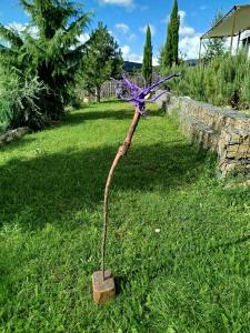 a purple umbrella in a wooden stand in the grass at Maison-containers en Nord-Ardèche in Saint-Félicien