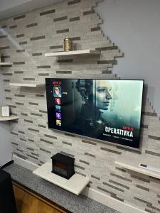 ポスシエにあるApartman Centar comfortのレンガ壁の薄型テレビ