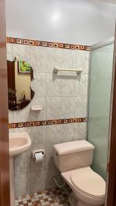 a bathroom with a toilet and a sink at Alojamiento El Cardenal in Iquitos