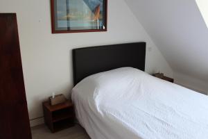 ein Schlafzimmer mit einem weißen Bett und einem Bild an der Wand in der Unterkunft Résidence Brise de Mer - 3 in Port Nayalo