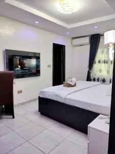 a bedroom with a large bed with a flat screen tv at UG shortlet apartment in Isagatedo