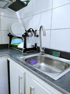 a kitchen counter with a sink and a dish drying rack at UG shortlet apartment in Isagatedo