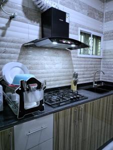 a kitchen with a sink and a stove top oven at UG shortlet apartment in Isagatedo