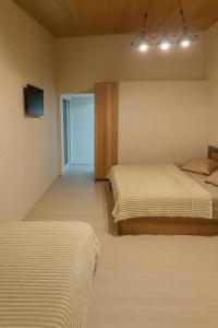 a bedroom with two beds and a flat screen tv at HOTEL RANCHO UPLISTSIKHE სასტუმრო რანჩო უიფლისციხე in Uplistsikhe