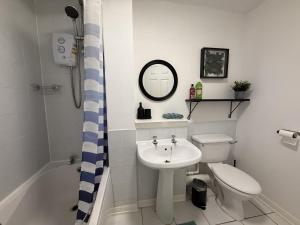 une salle de bain avec un lavabo, des toilettes et une douche dans l'établissement Newly furnished comfortable property!, à Dalmuir 2 autres photos