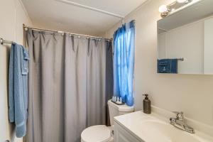 a bathroom with a shower curtain and a toilet and a sink at Bring Your Boat! Homosassa Retreat Less Than 5 Mi to River in Homosassa Springs +18 photos