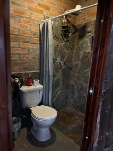 a bathroom with a toilet and a stone wall at Cabaña Rústica in Natabuela