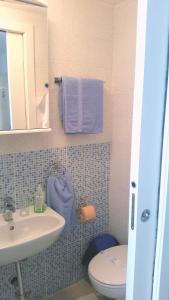 ein Badezimmer mit einem Waschbecken, einem WC und einem Spiegel in der Unterkunft Gospoja Park & Beach Apartment Vrbnik in Vrbnik