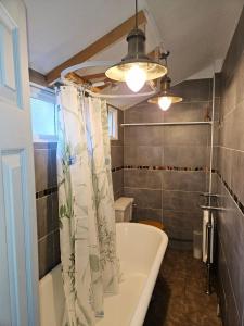 a bathroom with a tub and a shower curtain at B&B Rooms in terraced house in Sudbury centre in Sudbury