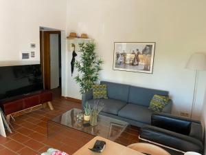 a living room with a blue couch and a table at 2 Br,1bath with 2 AC units, garden apt in Chianti! in La Collina