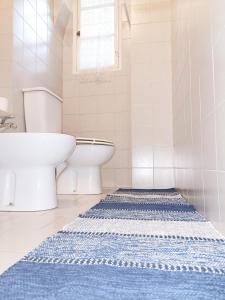 ein Badezimmer mit einem WC und einem blauen Teppich auf dem Boden in der Unterkunft La chiave del tempo in Lucca + 20 Fotos