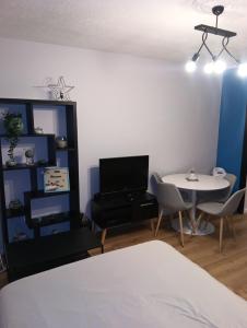 a room with a bed and a table and a tv at Studio 115 4 étoiles in Châtel-Guyon
