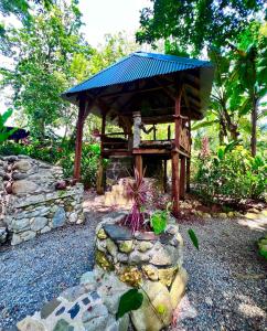 d'un kiosque avec un toit bleu dans le jardin. dans l'établissement Fairytale Jungle Cottage by the Sea, Bocas, à Isla Colón 93 autres photos