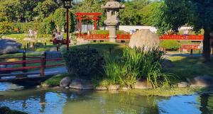 a pond in a park with a fountain and a statue at Chalet Buenos Aires in Buenos Aires