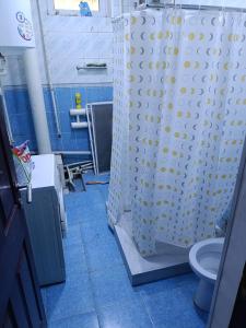 ヌクスにあるХостел18Аのシャワーカーテンとトイレ付きのバスルーム