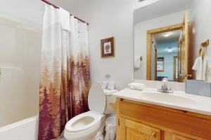 a bathroom with a toilet and a sink at Hickory Hill in Pigeon Forge +16 photos