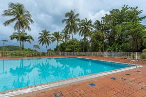 una gran piscina azul con palmeras en el fondo en Le refuge des 3Fs, en Sainte-Marie