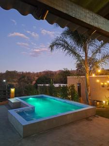a swimming pool in a backyard with a palm tree at Chalé Zarinha I in Serra Negra