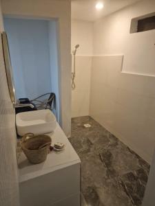 a bathroom with a sink and a shower at Lemon grass house in Binguni