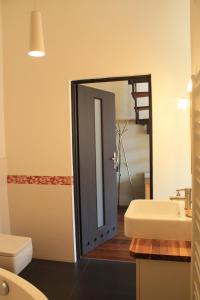 a bathroom with a toilet and a sink and a mirror at Apartament na Małym Rynku in Sandomierz