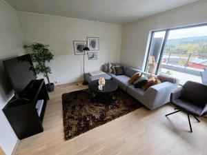 a living room with a couch and a tv at Nice apartment in the center of Trysil 403 in Trysil