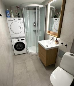 a bathroom with a washing machine and a sink at City apt with 2 bedrooms and kitchen - Hydrus in Tromsø
