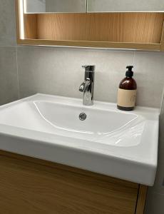 a bathroom sink with a bottle of soap on it at City apt with 2 bedrooms and kitchen - Hydrus in Tromsø +14 photos