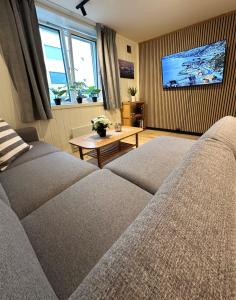 a living room with a couch and a tv at City apt with 2 bedrooms and kitchen - Hydrus in Tromsø
