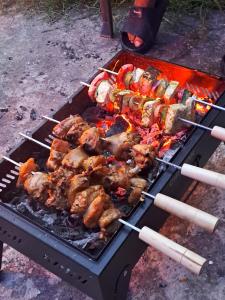 a bunch of meat and skewers cooking on a grill at Nirvana River Nest in Sainj