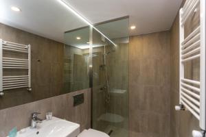 a bathroom with a shower and a toilet and a sink at 1BR Apart In Kokhta Mitarbi in Bakuriani +7 photos