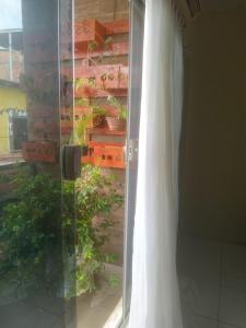 a glass door with a curtain next to a plant at Kit Net perto da vila cop30 in Belém