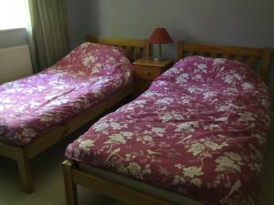 two beds in a room with a purple blanket at Lowry House Hotel in Walsall in Birmingham