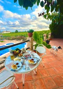 a glass table with food on a patio with a dog at Mas del Drac in Castellví de la Marca