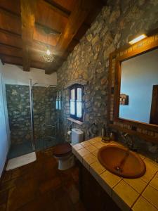 a bathroom with a sink and a shower and a mirror at Mas del Drac in Castellví de la Marca