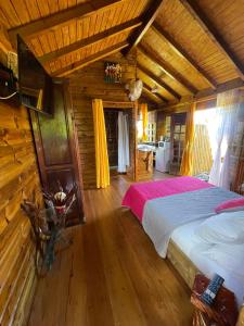 a bedroom with a bed in a log cabin at les gites du cocon in Sainte-Rose +63 photos