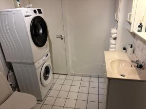 a bathroom with a washing machine next to a sink at Bright and spacious 3 bedroom with balcony close to the city in Aabenraa