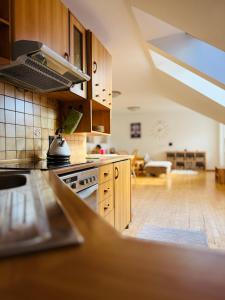 a kitchen with a sink and a stove top oven at Srdce Mesta V Podkroví - slnečný apartmán s balkónom in Stará Turá +13 photos