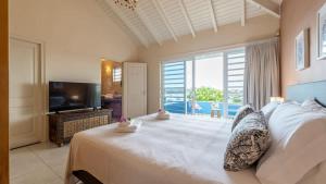a bedroom with a large bed and a television at Villa Star Beach - Private pool and sea view! in Willemstad