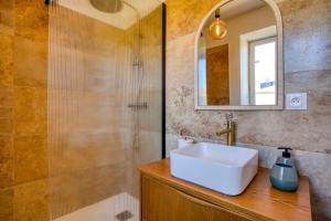 Salignac EyviguesMaison T3 tout confort et spa Le Clos des Pierres的带水槽和带镜子的淋浴的浴室 更多18张照片