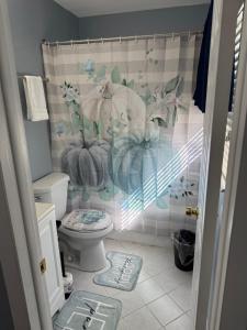 a bathroom with a shower curtain with a toilet at Signature Suite in Orlando