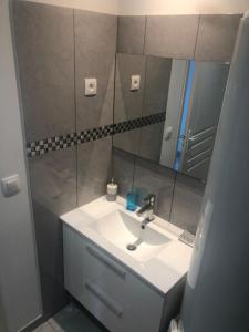 a bathroom with a sink and a mirror at petite maison calme in Hourtin +17 photos