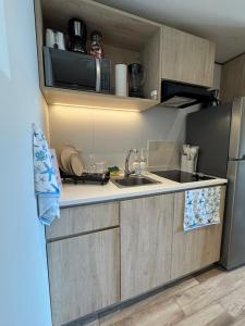 a small kitchen with a sink and a refrigerator at Escapes at The Emerald in Simpson Bay