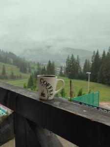 Una taza de café sobre una barandilla con vistas en Bucovina Sky View, en Gura Humorului